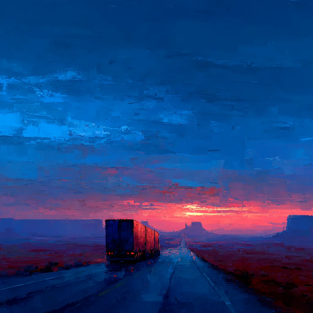 A painting of a long-haul truck on an open road at dusk.